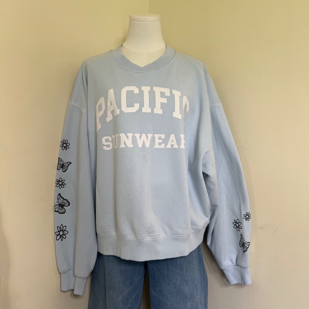 PacSun Pacific Sunwear Blue Graphic Sweatshirt Butterfly Floral Oversized M